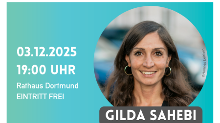 Portrait von Gilda Sahebi mit den Veranstaltungsinfos (siehe Text)