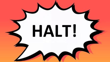 In einer Sprechblase mit zackigen Umrissen vor orangefarbenem Hintergrund steht das Wort "HALT" in Großbuchstaben mit Ausrufezeichen.
