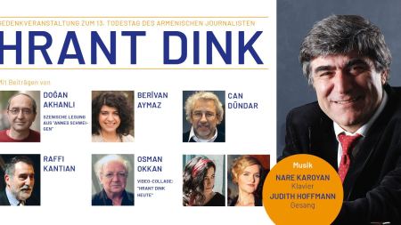Veranstaltungsplakat: Gedenken - Dialog - Gerechtigkeit - Gedenkveranstaltung zum 13. Todestag des armenischen Journalisten Hrant Dink.