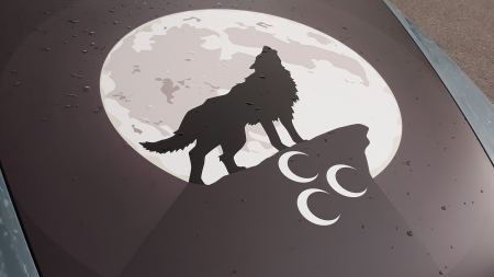 Symbole der Grauen Wölfe auf der Motorhaube eines Autos