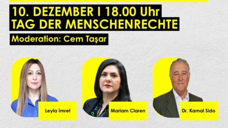 Flyer mit dem Text "PODIUMSDISKUSSION: Menschenrechte unter Druck – Türkei, Iran, Syrien" am 10. Dezember 2025 in Dortmund