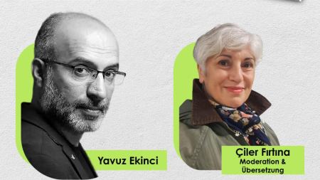 Flyer mit der Überschrift "Lesung & Gespräch mit Yavuz Ekinci - 11. Dezember 2025", darunter das Portrait des Autors (Mann mit Glatze und Brille) und das Portrait von Çiler Fırtına (Frau mit kurzen Haaren)