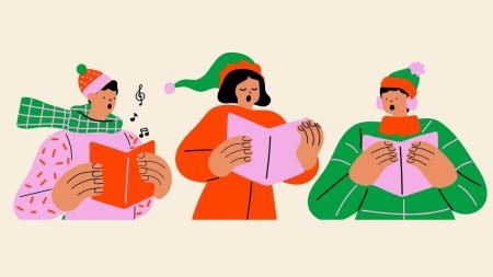 Eine Zeichnung zeigt drei Personen vor einem neutralen beigefarbenen Hintergrund, die mit Mützen, Schals und dicken Pullovern bekleidet sind. Jede Person hält ein Buch in den Händen, in das sie blickt.