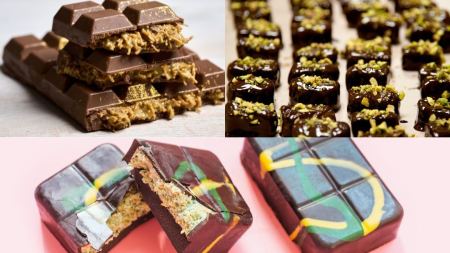 Schokoladentafeln mit grüner Füllung, daneben Pralinen mit grünen Streuseln