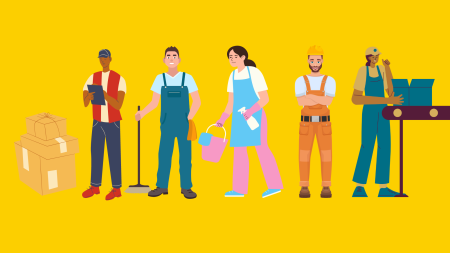 Icons mit Menschen in Arbeitssituationen: Ein Paketdienstmitarbeiter, ein Hausmeister, eine Reinigungskraft, ein Bauarbeiter und eine Lagerarbeiterin vor gelbem Hintergrund.