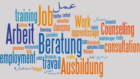 Wordcloud aus verschiedenen Begriffen zum Thema Arbeit und Beratung auf Deutsch, Englisch und Arabisch
