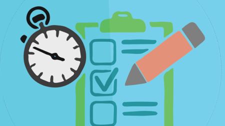 Uhr Stift und Fragebogen