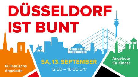 Bunte Silhouette der Stadt Düsseldorf, darauf die Infos: Sommerfest 2025, 13. September 2025, 12-18 Uhr, Hofgarten Düsseldorf, Buntes Bühnenprogramm, Live Musik, kulinarische Angebote, Angebote für Kinder. Darunter die Logos des Hauses der Kulturen, der Kooperationspartner Theatermuseum und KI Düsseldorf unterstützt von der Landeshauptstadt Düsseldorf und dem Integrationsrat Düsseldorf