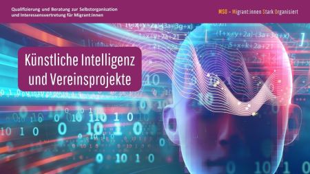 Eine Zeichnung von einem menschlichen Kopf wird von Linien und Zahlen in unterschiedlichen Farben durchzogen. Links neben dem Kopf befindet sich ein lilafarbenes Textfeld. Darin steht "Künstliche Intelligenz und Vereinsprojekte".