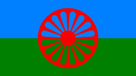 Flagge der Roma: rotes Rad auf blau-grünem Grund