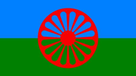 Vortrag über die Roma in Rumänien - historisch bis aktuell. Flagge der Roma: rotes Rad auf blau-grünem Grund