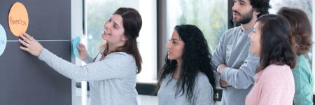 Frau hängt Karte mit der Aufschrift "Prävention" an eine Pinnwand, vier junge Workshopteilnehmende schauen zu