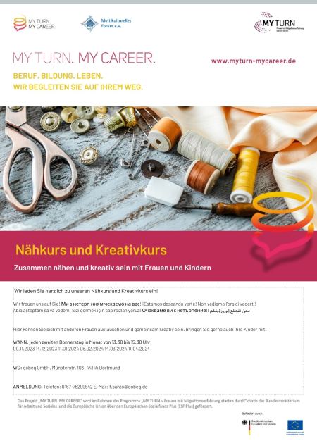 Flyer des Nähkurses im Frühjahr 2024 im Projekt My Turn. My Career. (Dortmund)