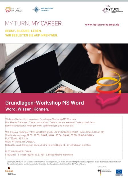 Flyer für das MY TURN. MY CAREER. Angebot für zugewanderte Frauen in Hamm im Jahr 2026 zu MS Word