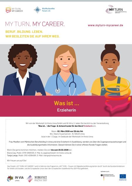 Flyer für eine Veranstaltung des Projekts My Turn. My Career. 2026 in Unna für zugewanderte Frauen