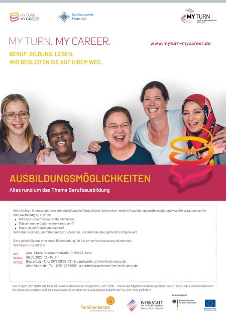 Flyer mit einem horizontalen Foto. Darauf lachen fünf Frauen in die Kamera. Darunter steht der Text "MY TURN MY CAREER - AUSBILDUNGSMÖGLICHKEITEN: Alles rund um das Thema Berufsausbildung" (2025, 12-14 Uhr)