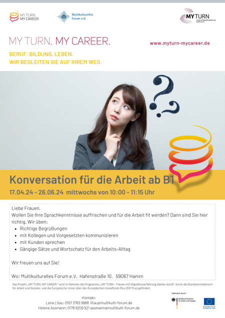 Flyer mit Text, Logos und Bild zu dem Kurs "Konversationstraining ". Auf dem Bild ist der Oberkörper einer Frau zu sehen. Sie trägt eine schaut schräg nach oben. An ihrem Kopf schweben Fragezeichen.