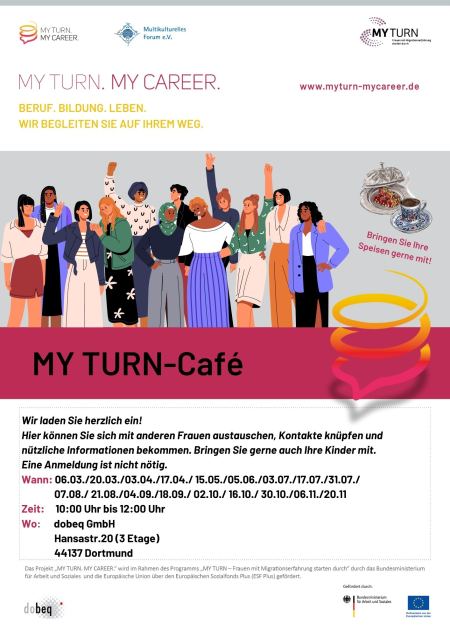 Flyer des Projekts MY TURN. MY CAREER. Cartoon mit Gruppe von Frauen
