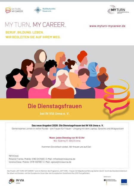 Flyer für das MY TURN. MY CAREER. Angebot für zugewanderte Frauen in Unna im Jahr 2026