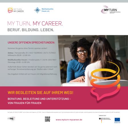 Flyer zur offenen Sprechstunde in Dortmund. Auf dem Bild sieht man zwei Frauen im Gespräch, eine blickt Richtung Kamera, die andere mit dem Rücken zur Kamera.