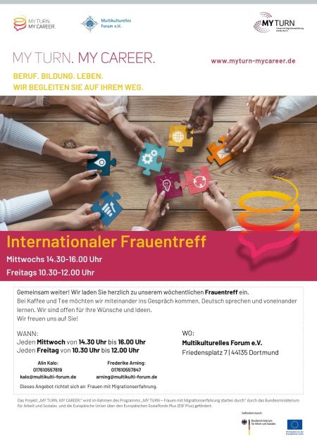 Flyer des Projekts My Turn. My Career. für zugewanderte Frauen in Dortmund im Jahr 2026
