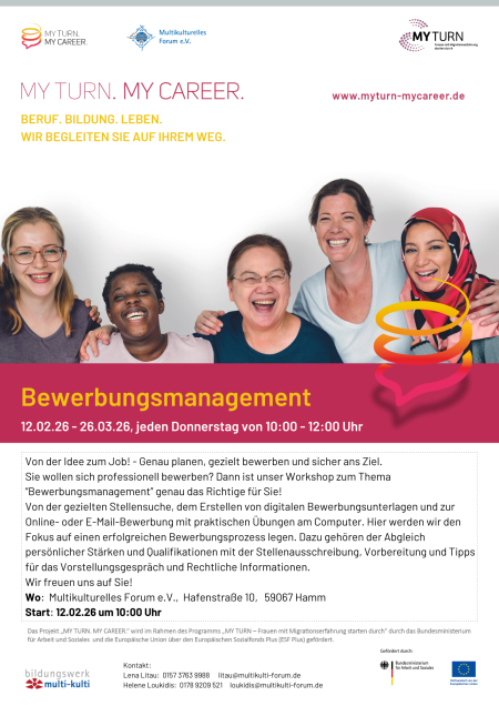 Flyer des Projekts My Turn. My Career. für zugewanderte Frauen in Hamm im Jahr 2026. Kurs zum Thema "Bewerbungsmanagement"