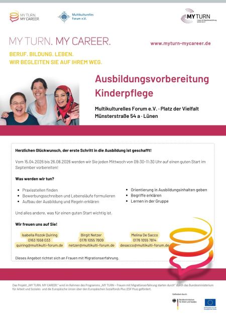 Veranstaltungsflyer mit einem Foto von drei lachenden Frauen, daneben der Text: Ausbildungsvorbereitung Kinderpflege, mittwochs 9:30 Uhr, Multikulturelles Forum e.V., Lünen - Kontakt: Isabella Rozok Quiring, 0163 1558 033, quiring@multikulti-forum.de