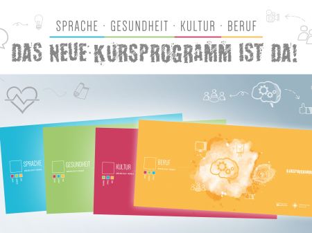 Bildungswerk Multi Kulti: Das neue Kursprogramm Abbildung der vier Spartenflyer in blau, grün, pink und gelb