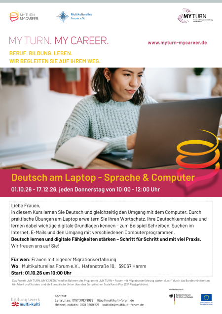 Flyer des Projekts My Turn. My Career. zur Veranstaltung "Deutsch am Laptop" in Hamm 2026