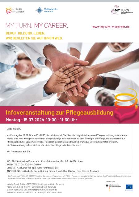 Flyer My Turn. My Career. Infoveranstaltung Pflege Lünen 2024