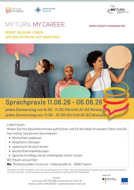 Flyer des Projekt My Turn. My Career. zu Sprachpraxis in Hamm im Juli und August 2026