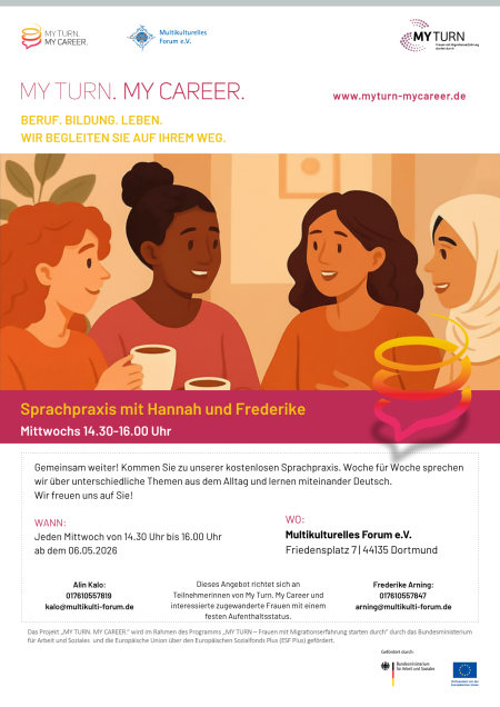 Veranstaltungsflyer mit einer Graphik von drei Frauen, darunter der Text: Sprachpraxis mit Hannah und Frederike, mittwochs 14:30 Uhr, Multikulturelles Forum e.V., Dortmund - Kontakt: Alin Kalo, 017610557819, kalo@multikulti-forum.de