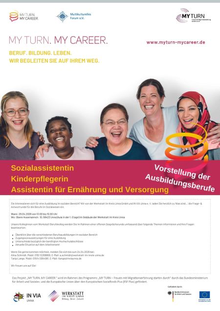 Flyer mit der Überschrift "Sozialassistentin & Kinderpflegerin - 29. April 2026, ab 13 Uhr in der Oberen Husemannstraße 10, Unna", darüber das Portrait von fünf Frauen