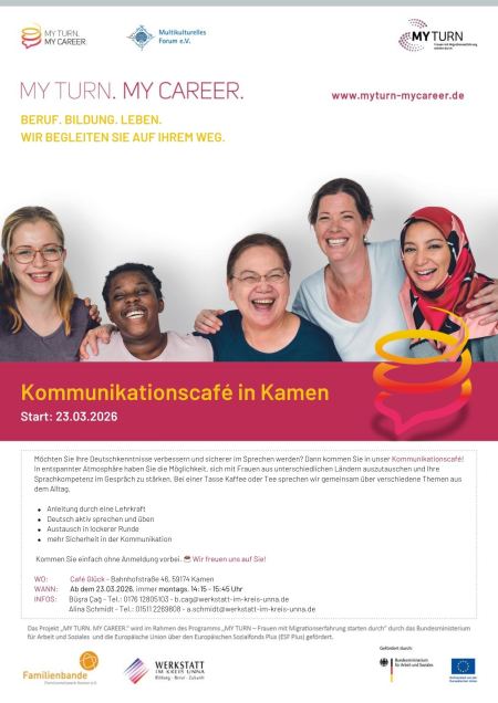 MY TURN MY CAREER Kreis Unna 2026 Kommunikationscafé Kamen Flyer
