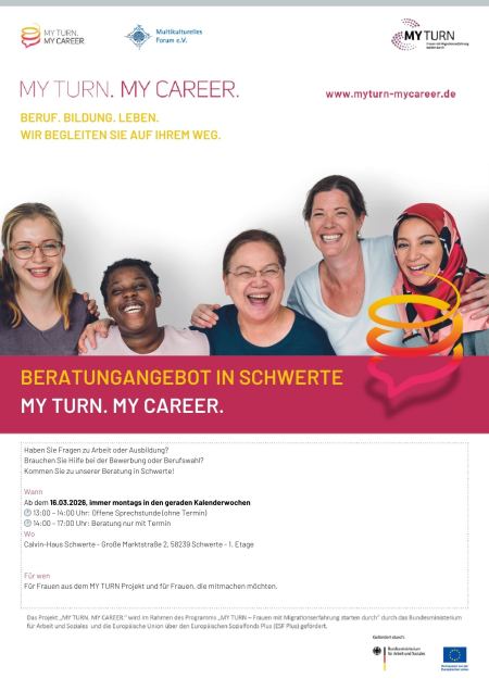 Flyer für die MY TURN. MY CAREER. Sprechstunde für zugewanderte Frauen in Schwerte im Jahr 2026