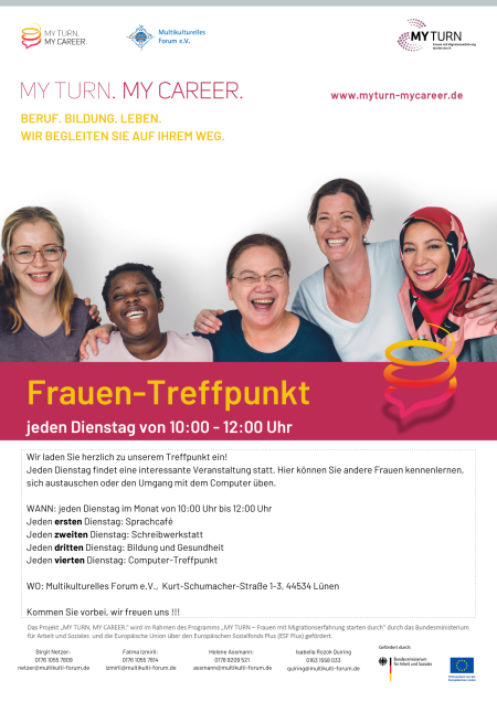 Flyer mit einem Foto, das fünf Frauen zeigt, die in die Kamera lächeln. Darunter befindet sich Text zu unterschiedlichen Veranstaltungen. 