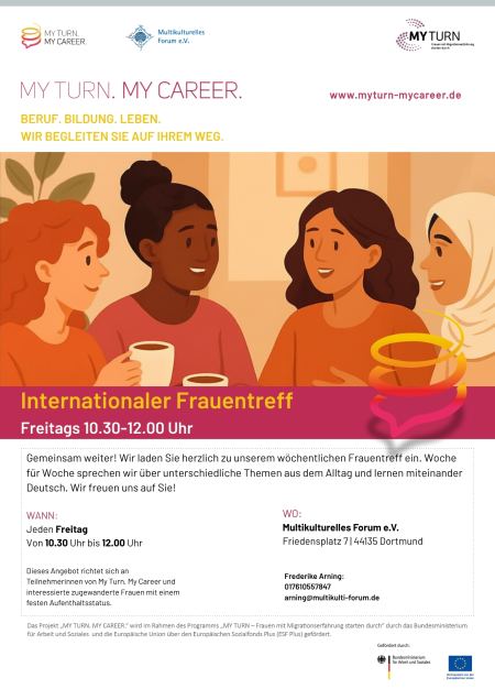 Flyer des Projekts My Turn. My Career. für zugewanderte Frauen in Dortmund im Jahr 2026