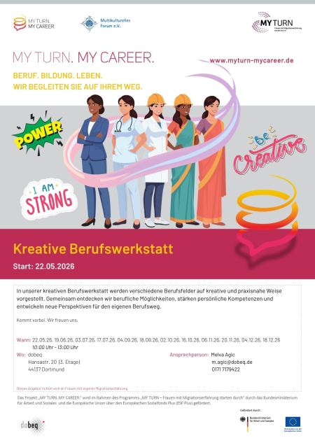 Flyer des Projekts My Turn. My Career. zur Infoveranstaltung "Kreative Berufswerkstatt" in Dortmund 2026