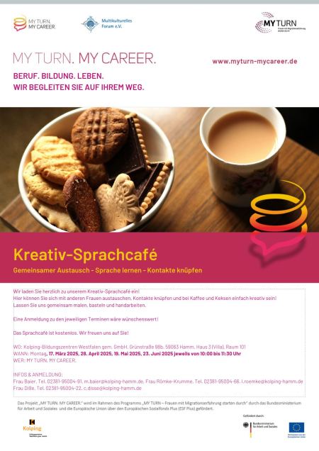 Veranstaltungsflyer mit einem Foto, darauf eine Schale mit Keksen und eine Tasse mit einem Heißgetränk