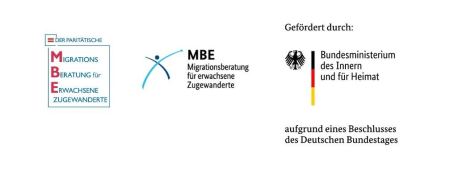 Drei Logos in einer Reihe: Der Paritätische, Migrationsberatung für erwachsene Zugewanderte und Bundesministerium des Innern und für Heimat
