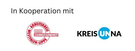 Textzeile "In Kooperation mit" und darunter zwei Logos: Arbeitskreis Zahngesundheit Westphalen-Lippe und Kreis Unna