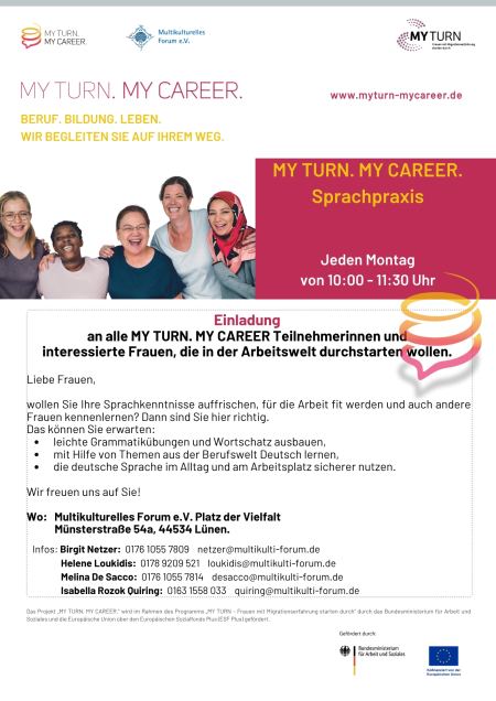 Flyer des Projekts My Turn. My Career. zur Veranstaltung "Sprachpraxis" in Lünen 2026