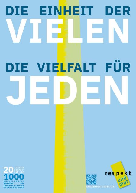 Plakat mit dem Düsseldorfer Fernsehturm und der Aufschrift "Die Einheit der Vielen - Die Vielfalt für Jeden"