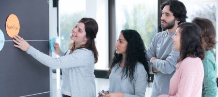Prävention Frau hängt Karte mit der Aufschrift "Prävention" an eine Pinnwand, vier junge Workshopteilnehmende schauen zu