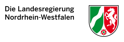 Text: "Die Landesregierung Nordrhein-Westfalen" sowie das Wappen des Landes NRW