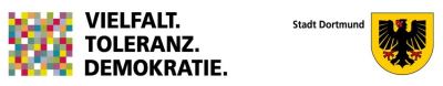 Buntes Quadrat daneben der Text "VIELFALT TOLERANZ DEMOKRATIE Stadt Dortmund" und das Wappen der Stadt Dortmund