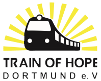 Logo Train of Hope - Schwarzes Zug-Icon vor stilisierten gelben Sonnenstrahlen