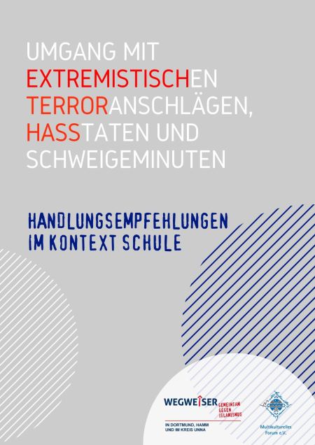 Titelseite der Broschüre "Umgang mit extremistischen Terroranschlägen, Hasstaten und Schweigeminuten - Handlungsempfehlungen im Kontext Schule"