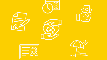 Icons eines Kalenders, einer Uhr, eines Vertrags, eines Zertifikats, einer Hand mit Geld, eines Sonnenschirms am Strand auf gelbem Hintergrund