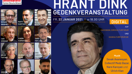 Portraitbild von Hrant Dink und insgesamt 12 an der Veranstaltung beteiligten